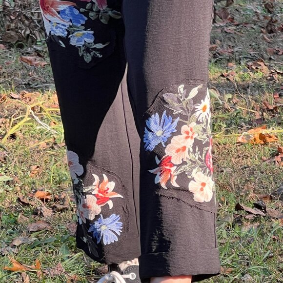 Upcycled Black Pants, Boho Floral Patchwork Pants with Raw Edge Details - Picture 8 of 9